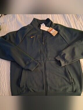 Nike Men's Dark Green Full-Zip Performance Jacket with Orange Swoosh